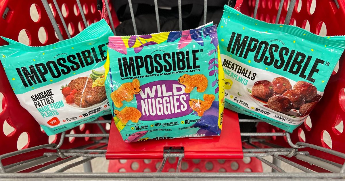 Impossible plant-based meat products in a shopping cart 