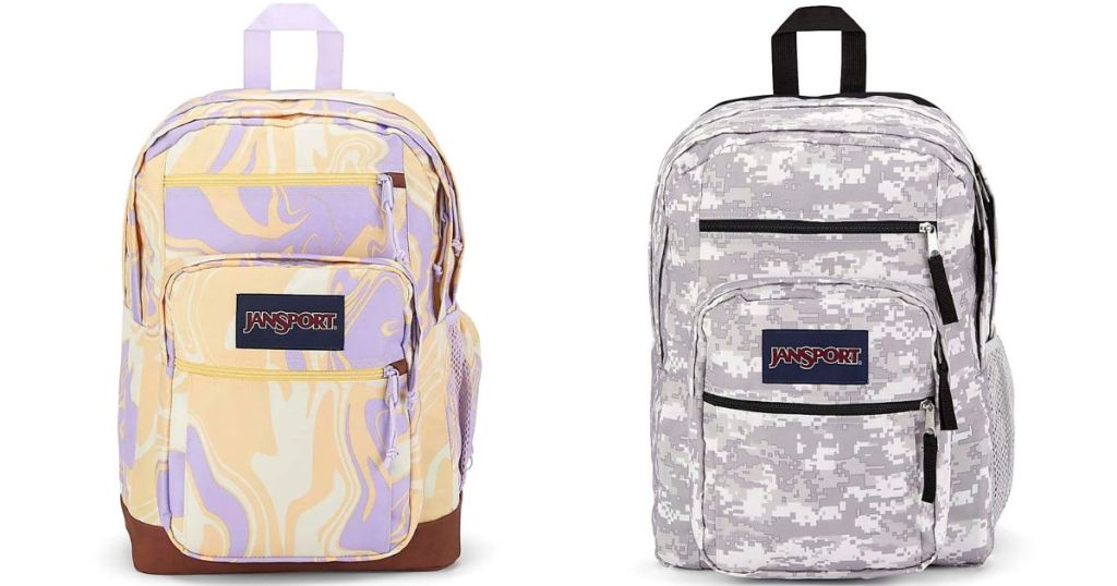 Jansport yello and purple tie dye backpack and Jansport gray and white camo backpack
