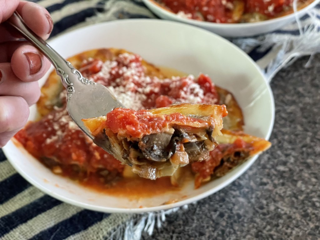 a bowl of Keto Vegetarian ravioli which is one of the tastiest meatless monday dinner ideas