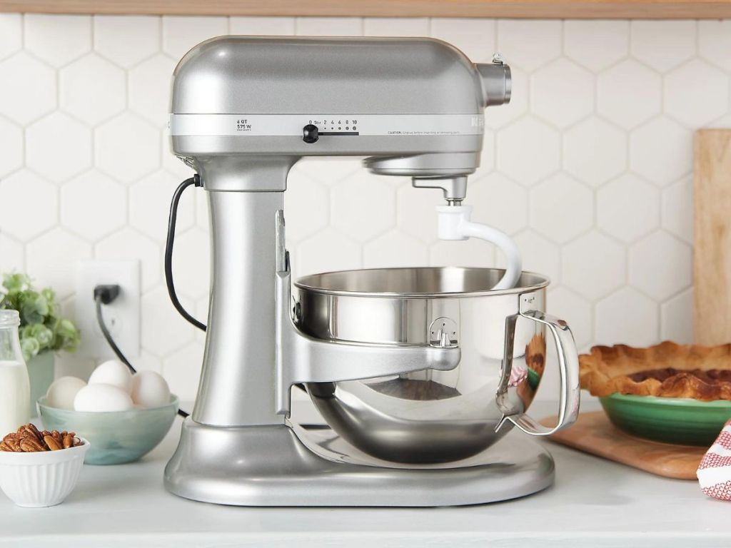 silver stainless steel kitchenaid mixer on kitchen counter