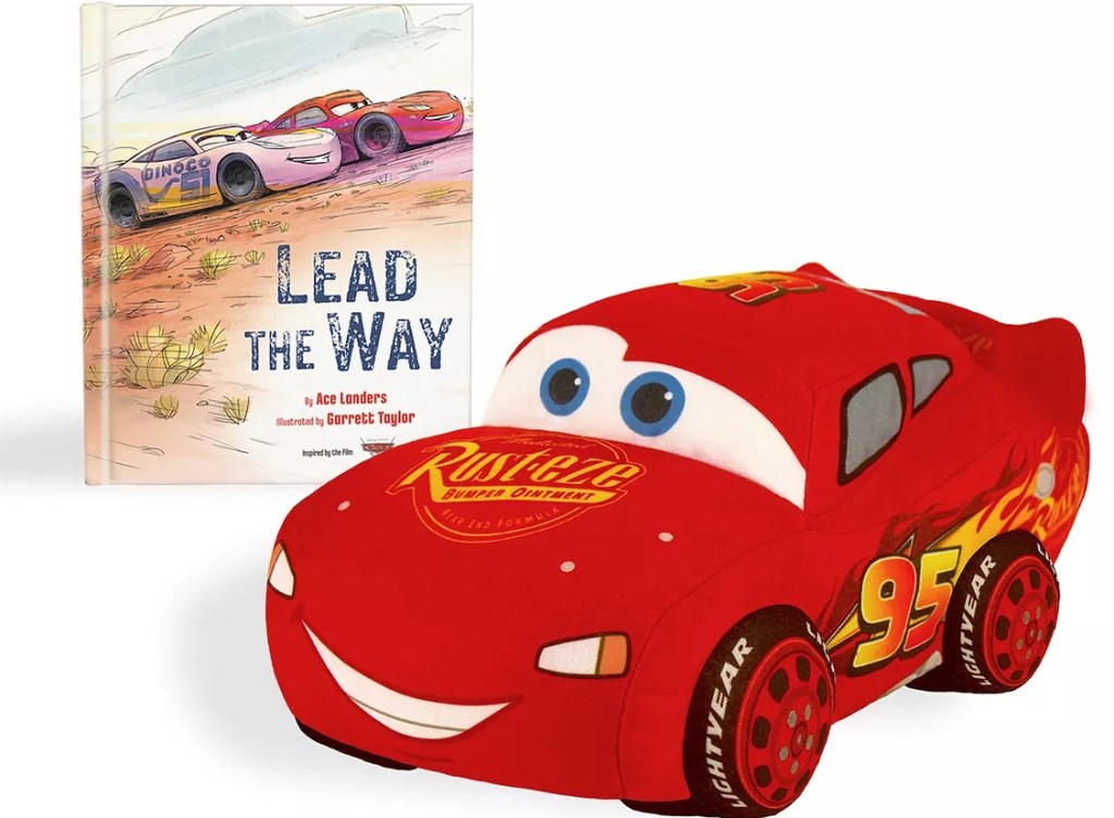 Cars book and a Lightning McQueen plush toy
