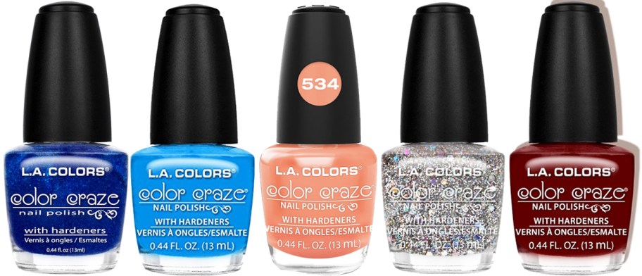 5 shades of LA Colors nail polishes
