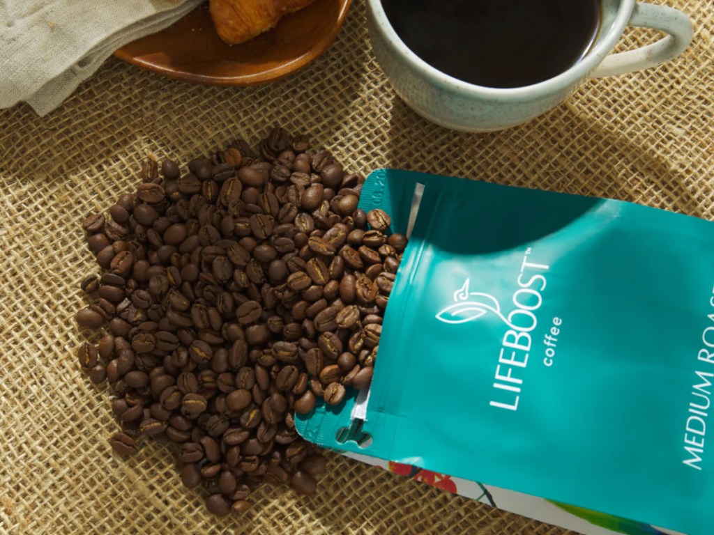 Bag of Lifeboost Coffee open on table