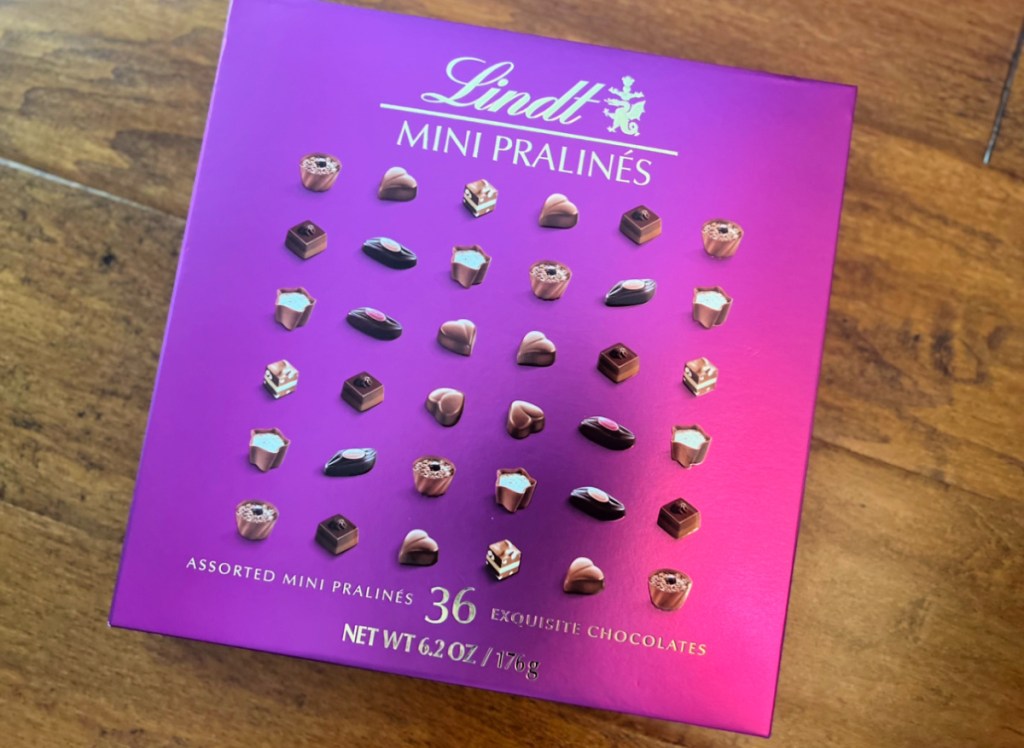 A box of lindt mini pralines, which is some of the best Valentine's Day candy to buy