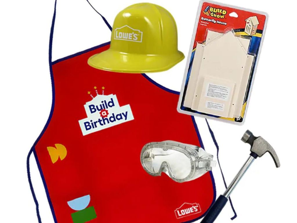 Lowe's Build a Birthday Box contents hat, apron, hammer, goggles, and kit 