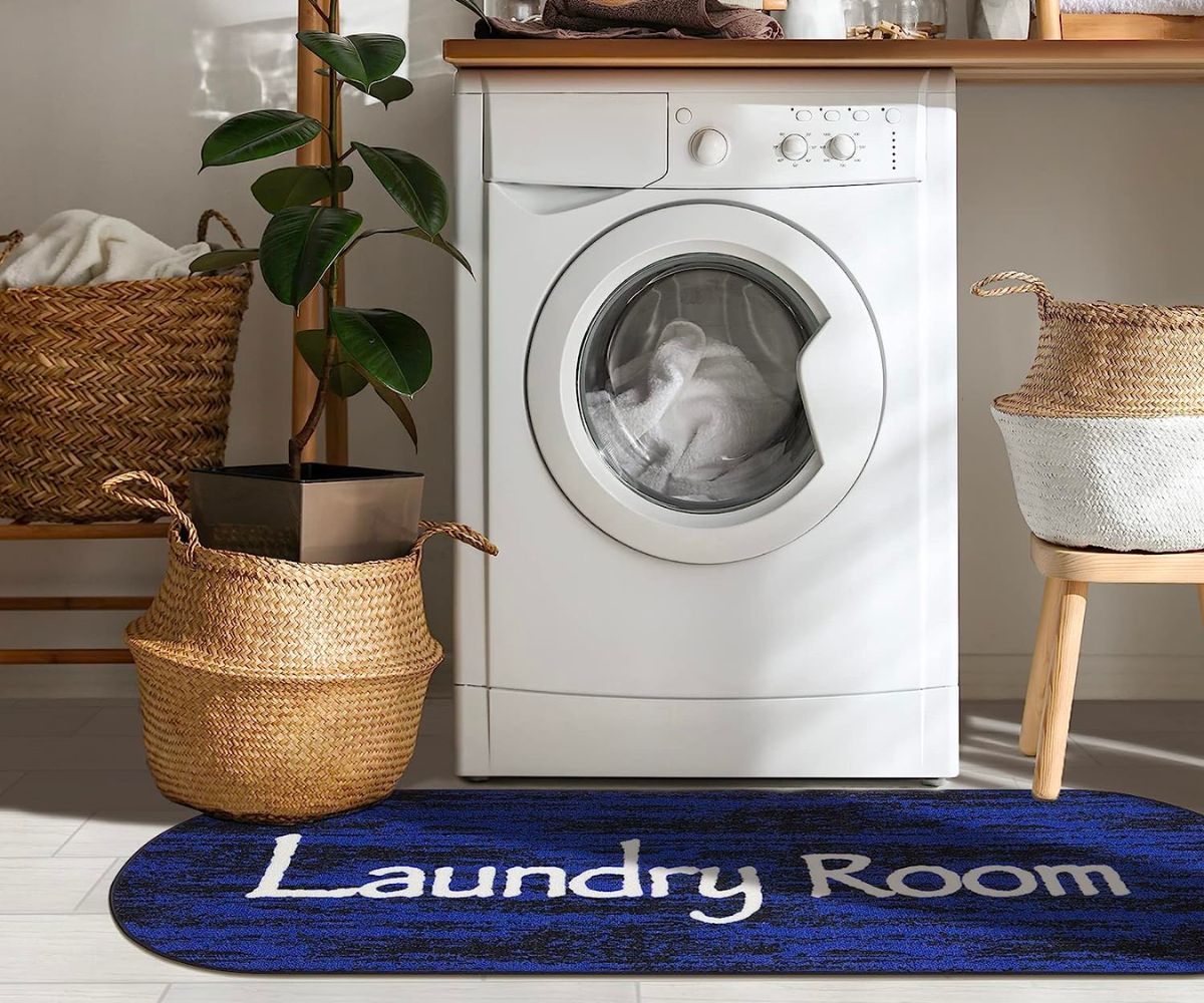 Machine Washable Text Design Laundry Room Rug Non-Slip Rubberback blue