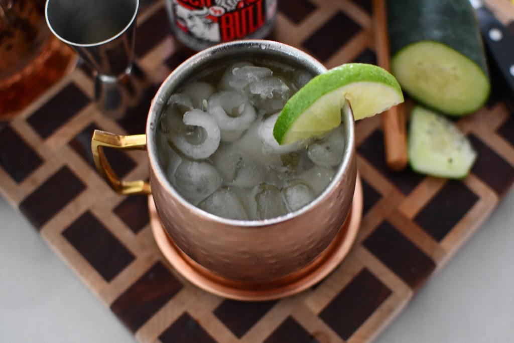 A moscow mule mocktail flavored with mango