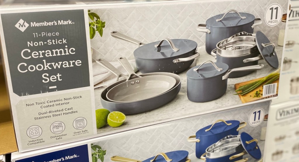 Members Mark 11 piece ceramic cookware set in gray and blue displayed at store