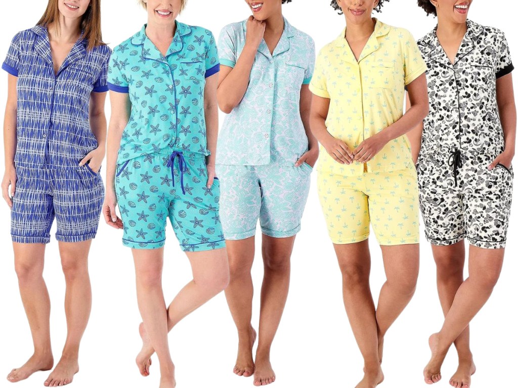 5 women wearing Muk Luks pajamas in different prints/colors.