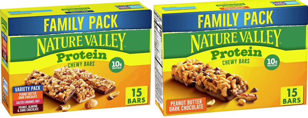 two boxes of Nature Valley Chewy Protein Granola Bars