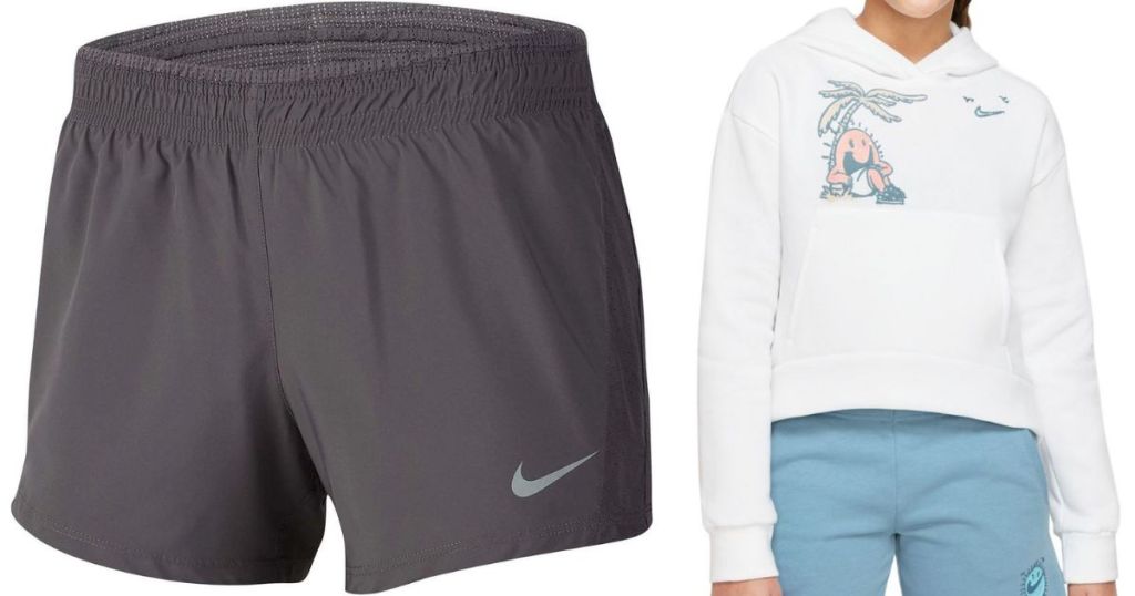 Grey Nike shorts and a girl in a white Nike sweatshirt and blue shorts