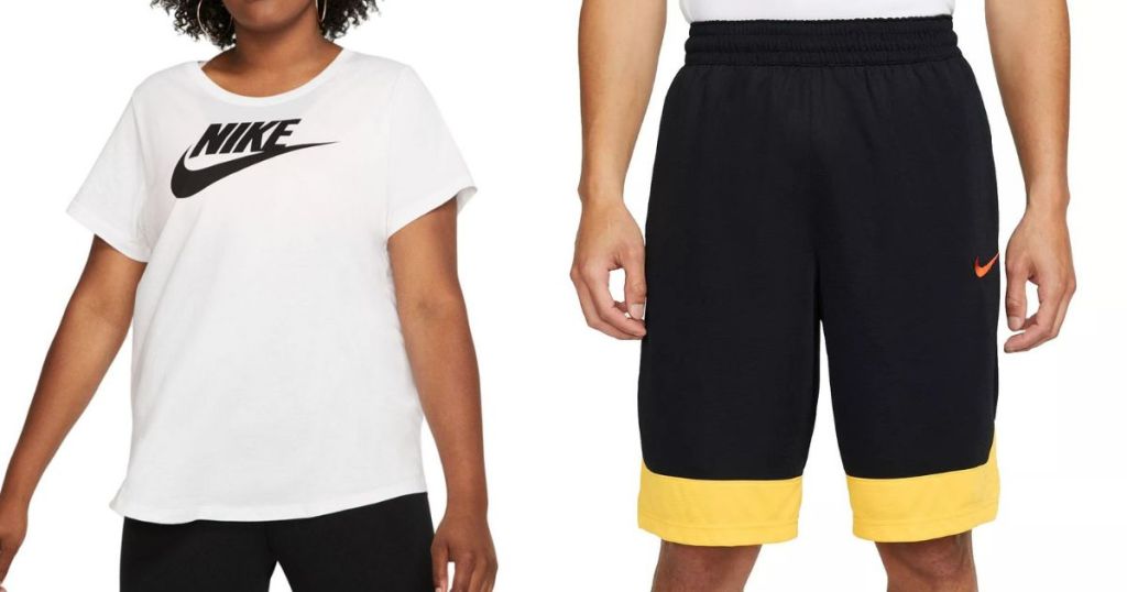 Woman in a white Nike tee and a man in black and yellow Nike shorts