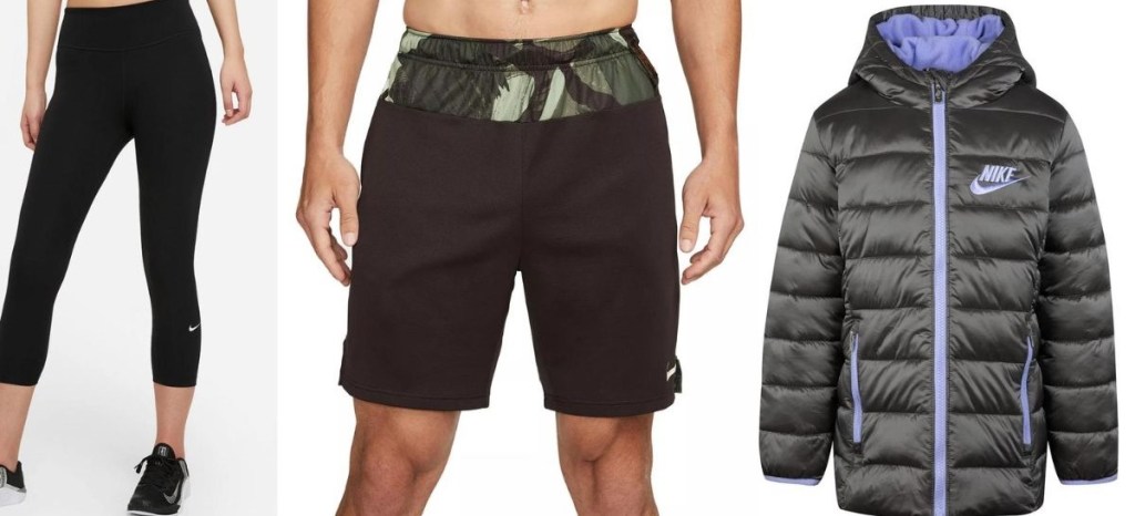 Woman in Nike leggings, man in Nike shorts and a stock image of a Nike coat