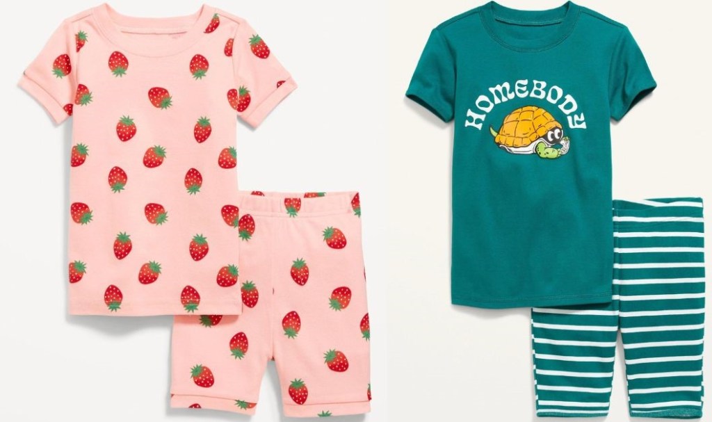 Two sets of Old Navy kids pajamas, the first with strawberries and the second with a turtle on it