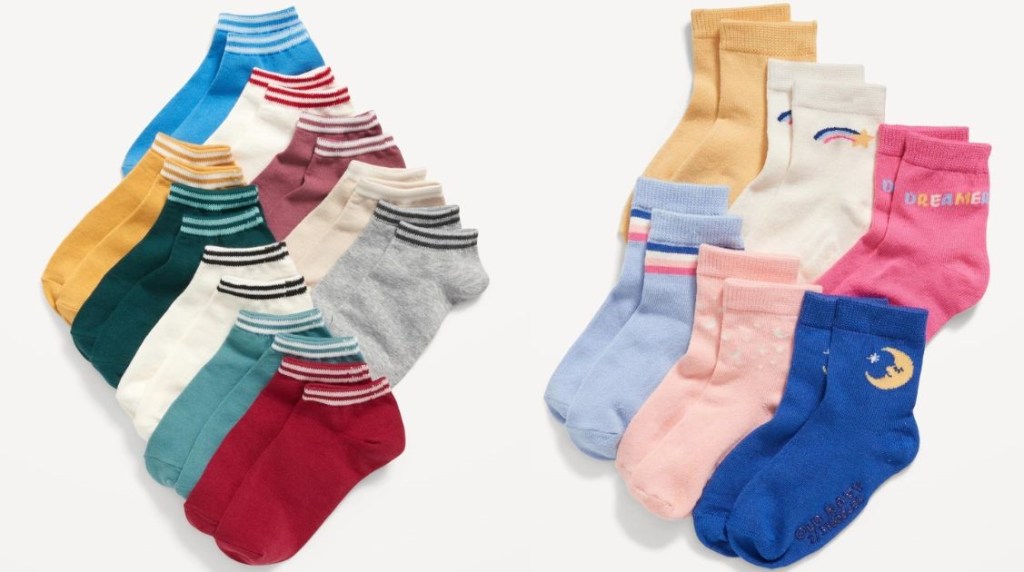 Two sets of Old Navy kids socks in a variety of colors