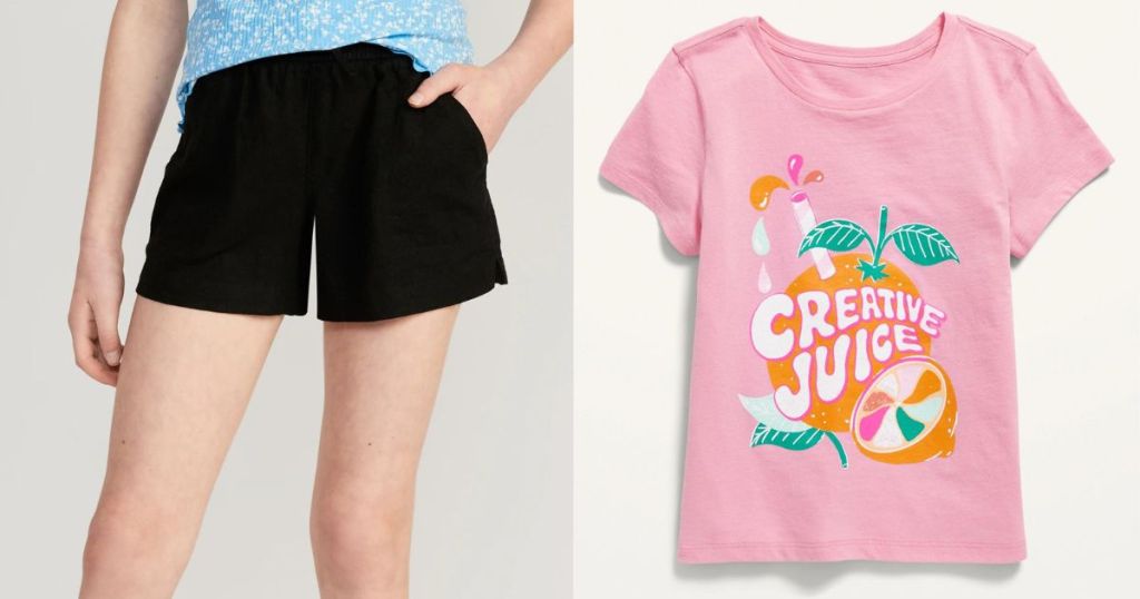 Girl wearing a pair of black shorts and a stock image of a tee next to her that says creative juice