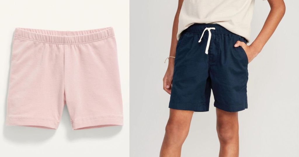 Pair of pink shorts and a boy wearing blue shorts and a white shirt