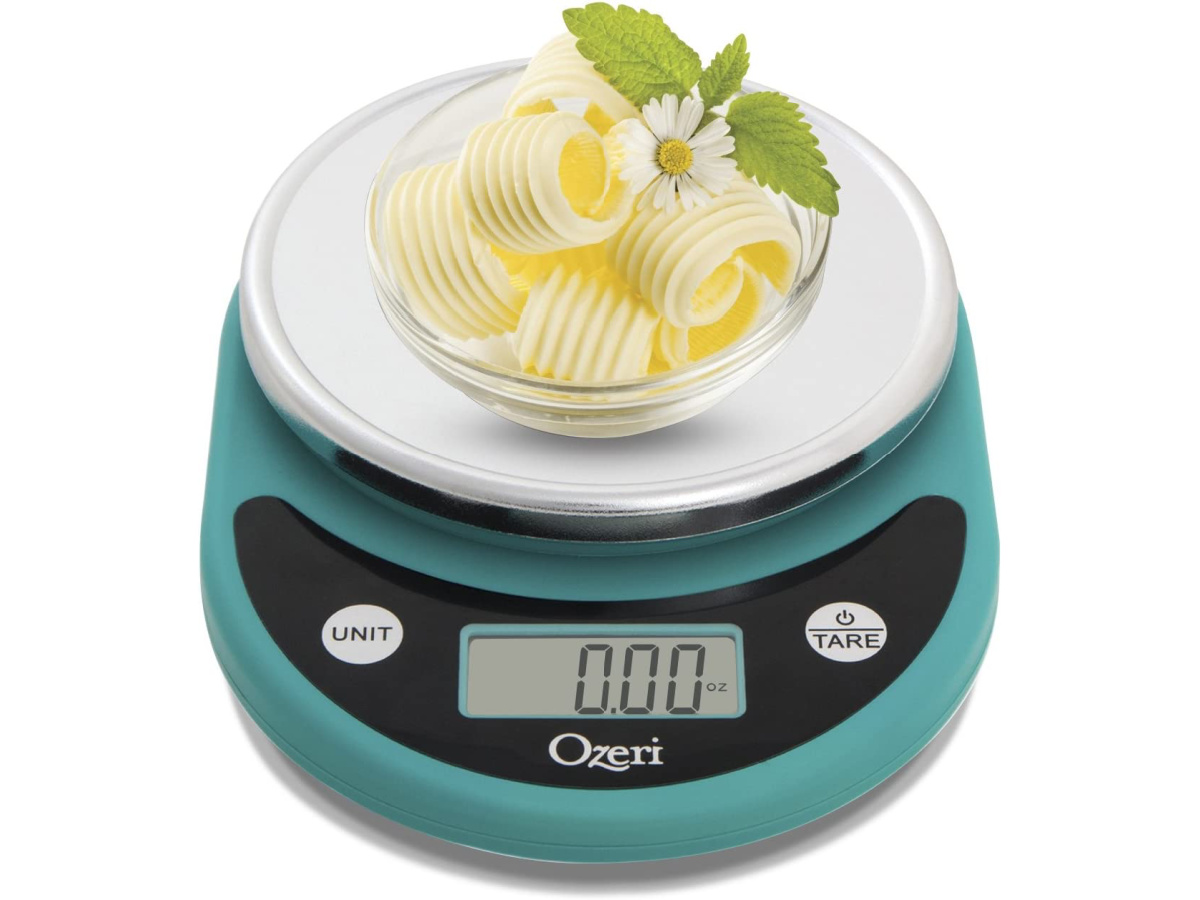Ozeri ZK14 Pronto Digital Multifunction Kitchen and Food Scale in Black on Teal with butter in a bowl