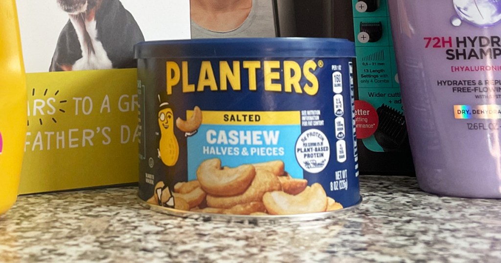 canister of Planters Cashews on kitchen counter