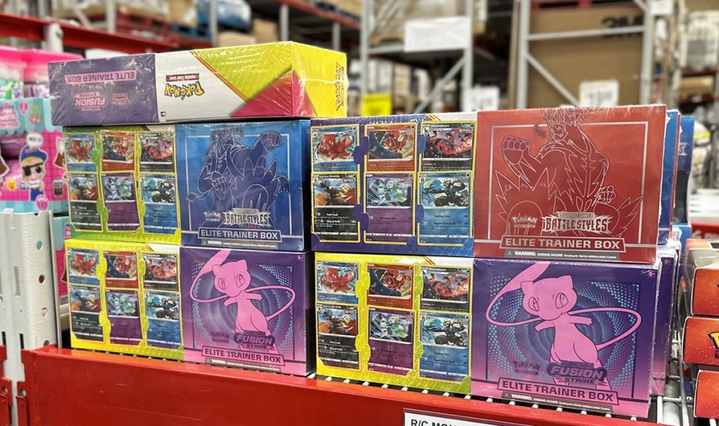 boxes of pokemon cards on display at sam's club