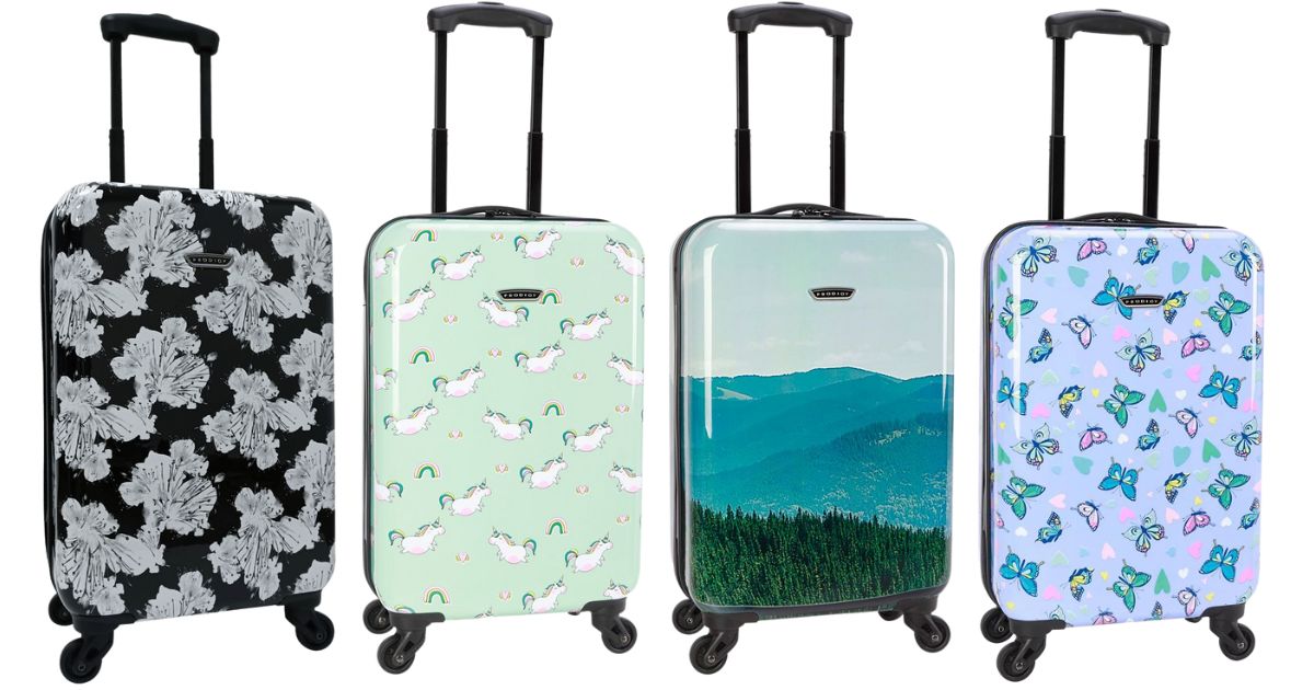Prodigy carry on luggage in 4 diffent colorful patterns.