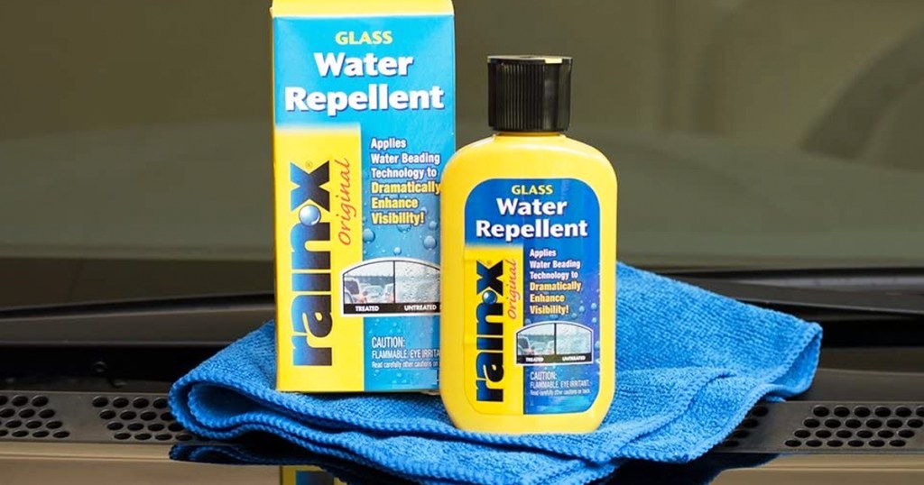 Rain-X Glass Treatment bottle on blue microfiber cloth