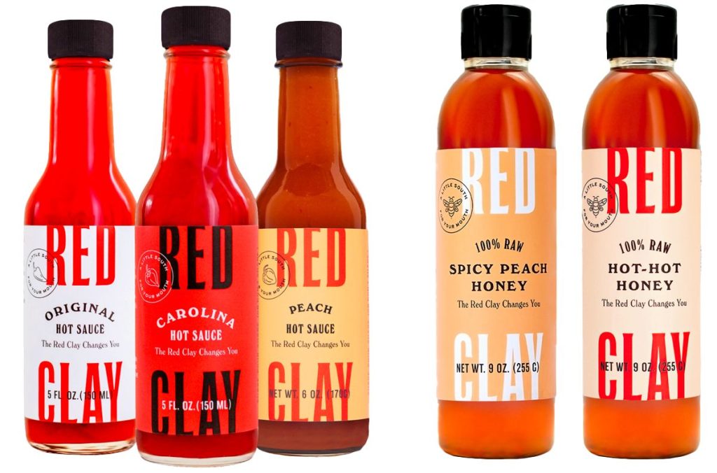 Display of Red Clay Hot Sauces and Hot Honey sauces