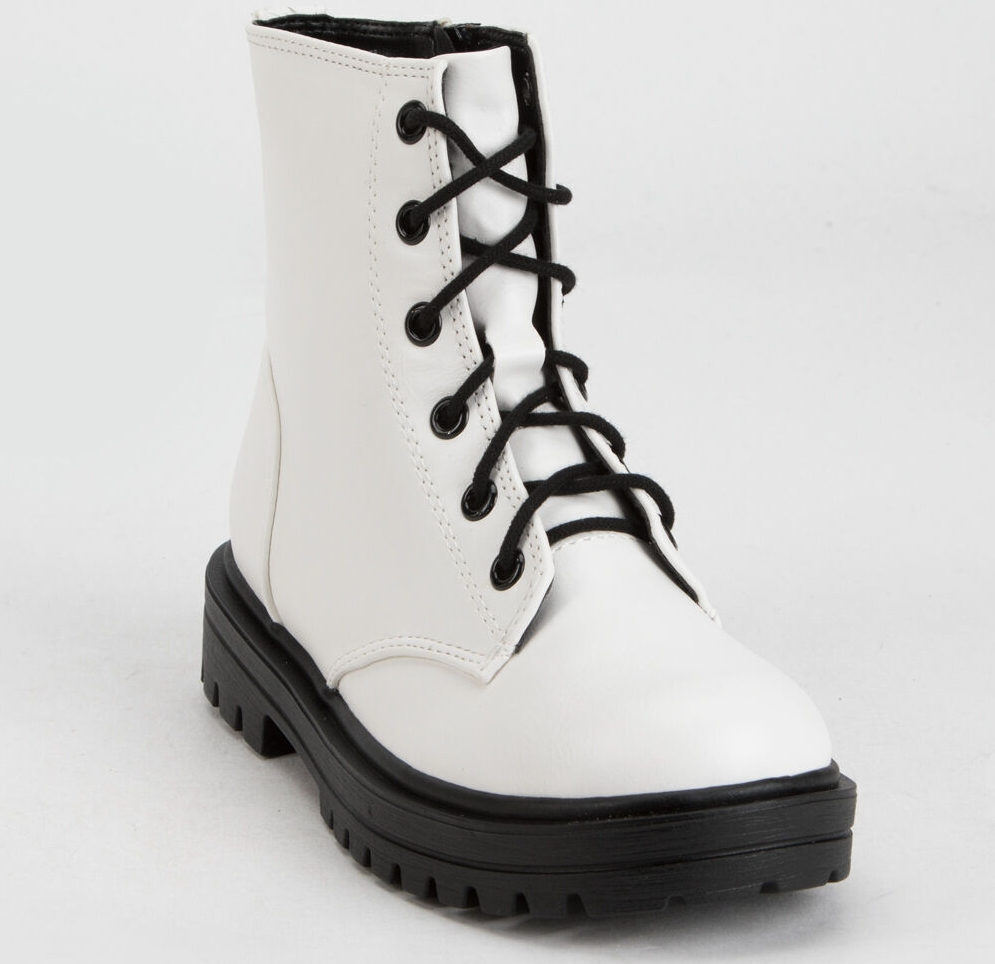 Girls solid white combat boot with black laces and sole.