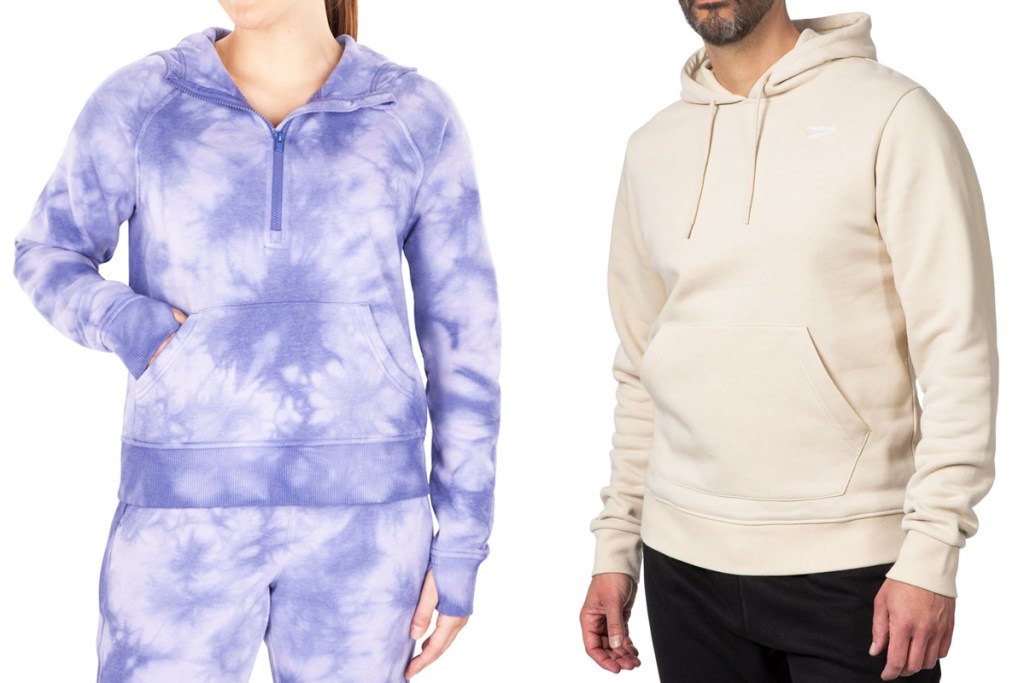 woman and man modeling hoodies
