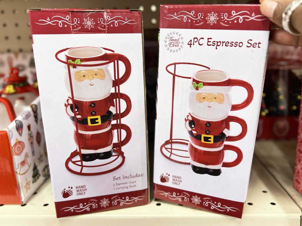 stacking santa coffee mug sets on store shelf