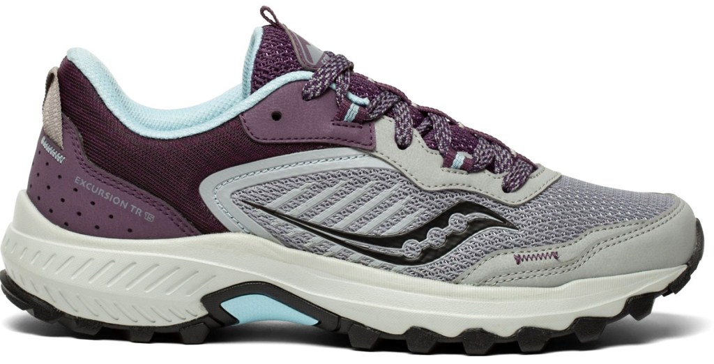 grey and purple women's running shoe