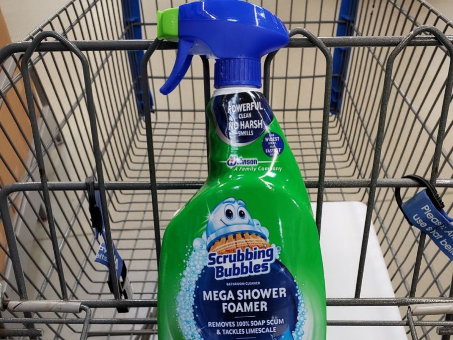 Scrubbing Bubbles Mega Shower Foamer in front basket of a shopping cart