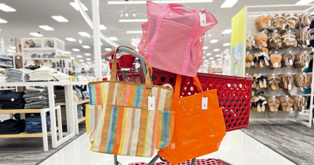 mesh tote bags hanging off target shopping cart