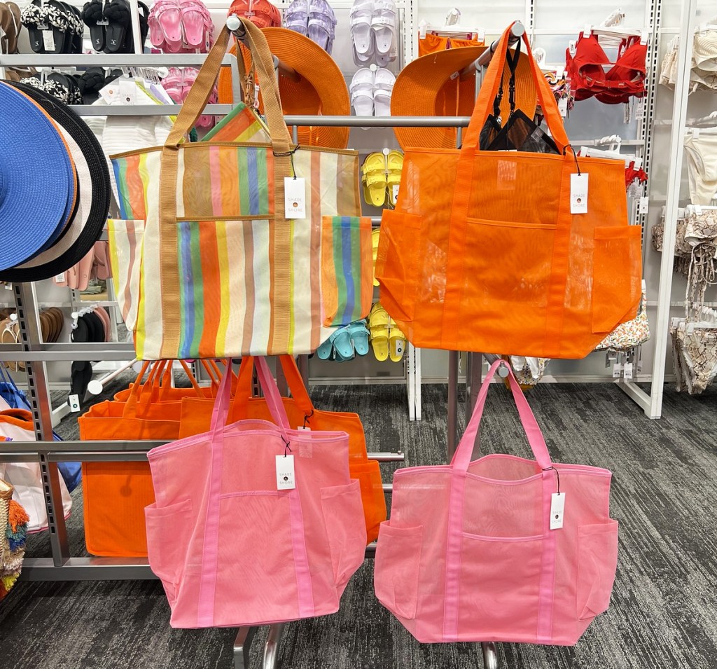 display of mesh tote bags in store