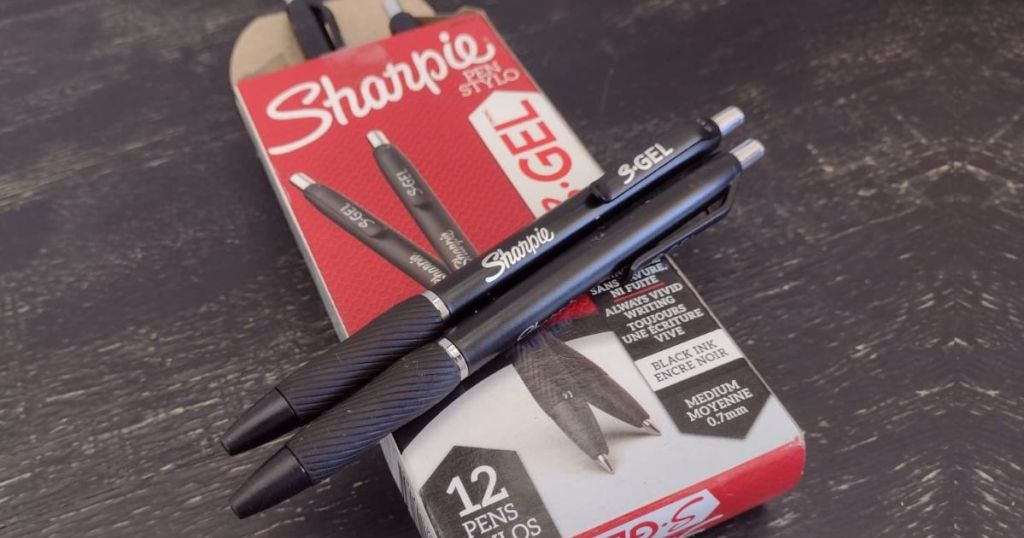 a box of Sharpie S-Gel Pens with 2 pens set on top of it