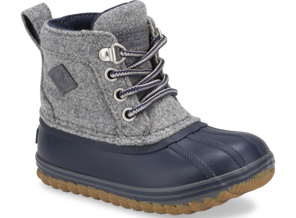 grey and blue sperry duck boot