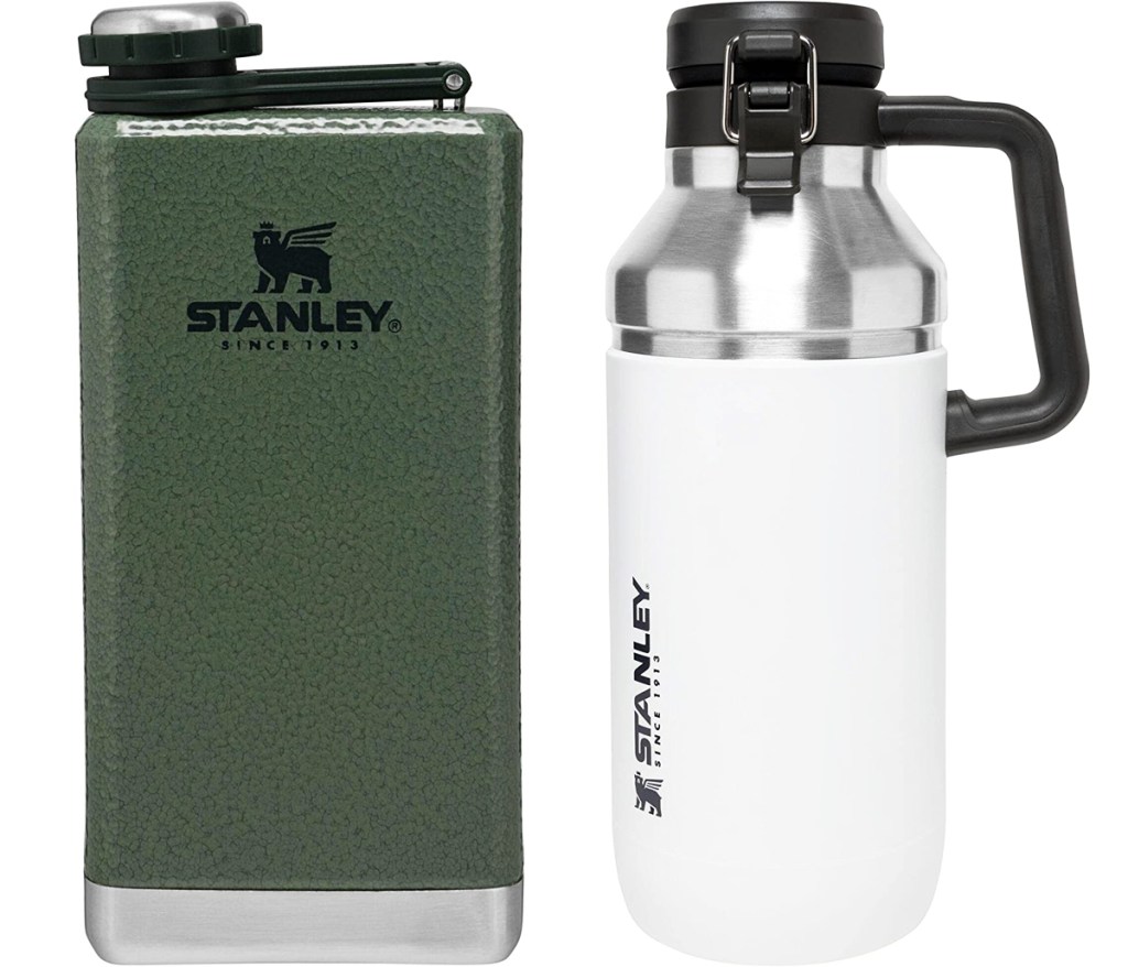 green stanley flask and white growler