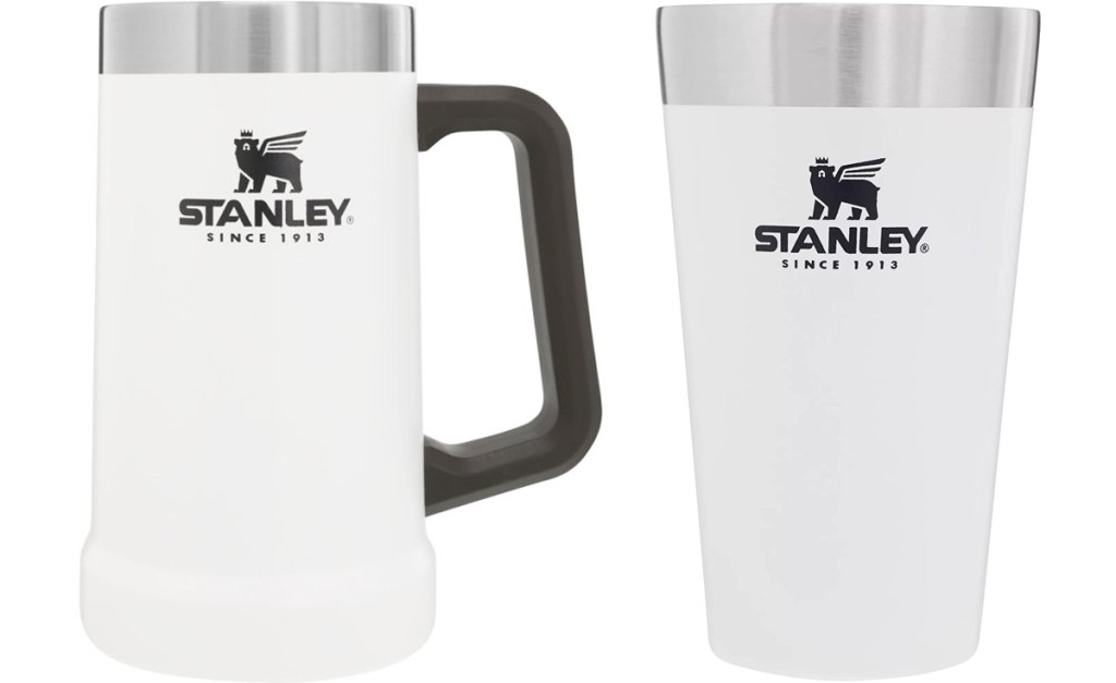 white stanley beer stein and cup