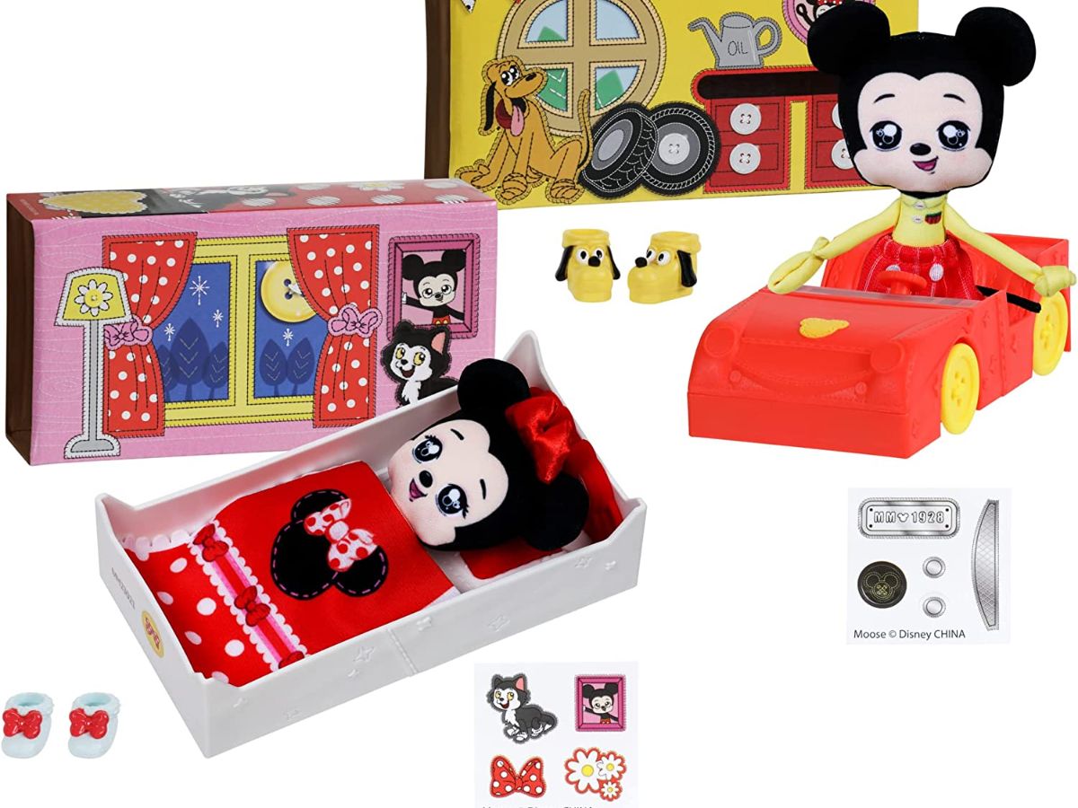 Rag doll Mickey and Minnie Mouse laying and sitting in a playset