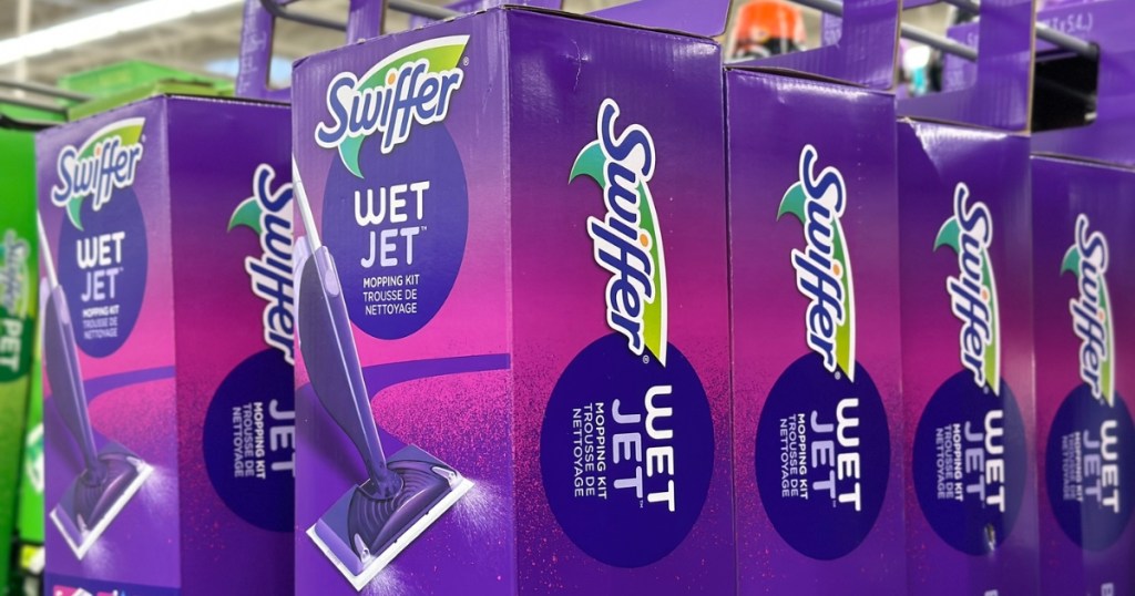 Swiffer WetJet Starter Kits hanging on shelf