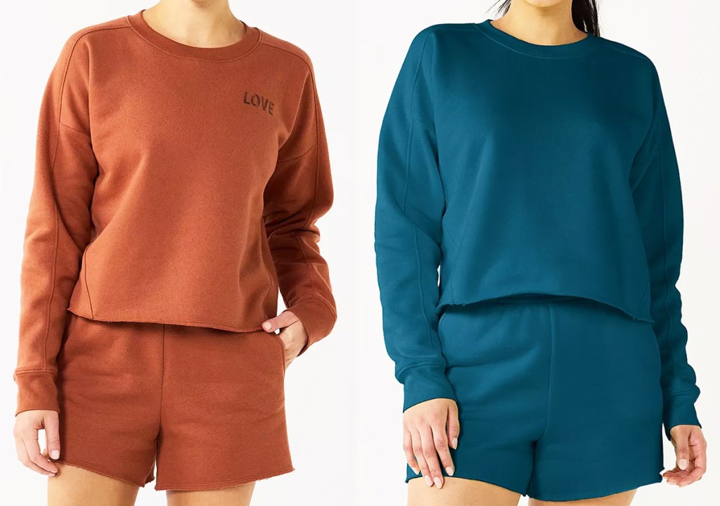women in brown and blue matching sweatshirts and short sets
