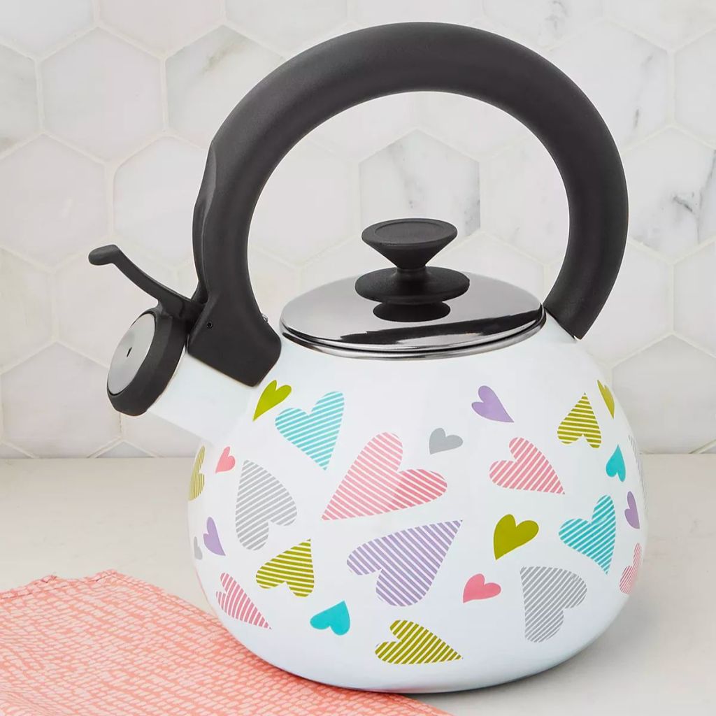  Steel Tea Kettle with black hadle and multi colored pastel hearts 