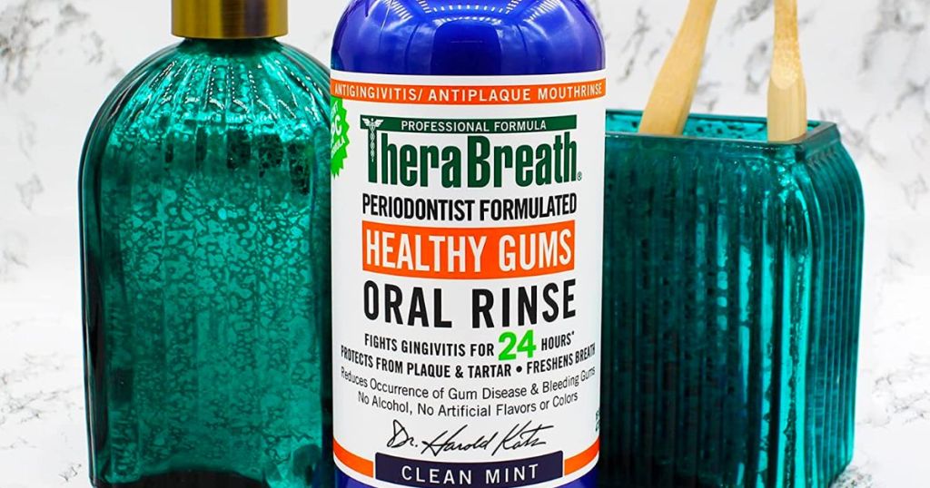 a bottle of TheraBreath Healthy Gums clean mint oral rinse