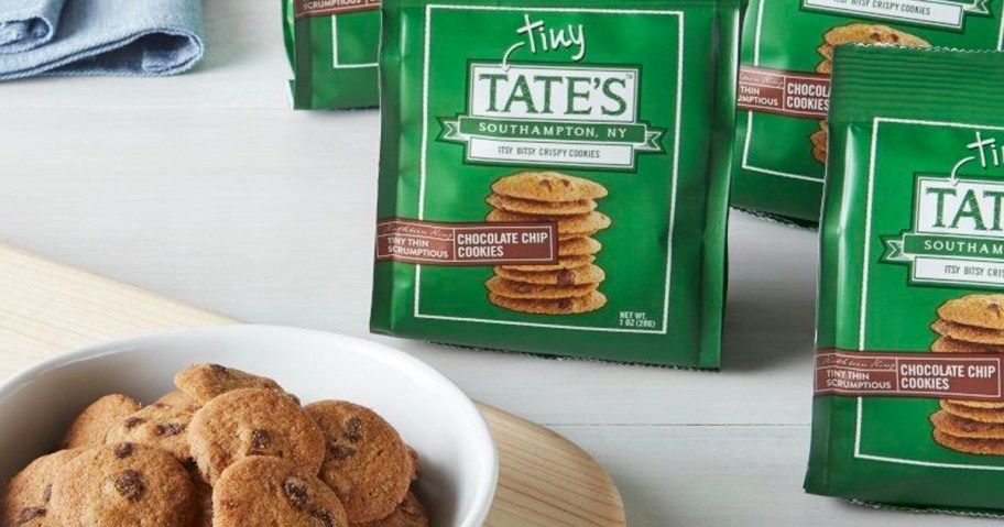 Tiny Tates Cookie bags next to bowl of cookies