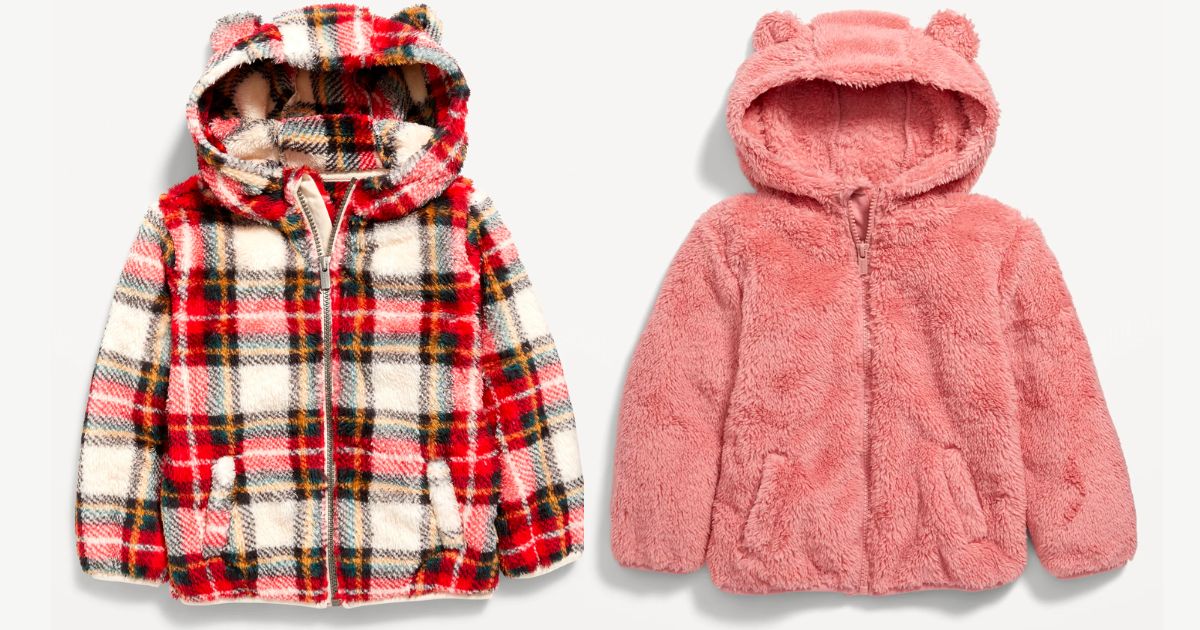 Toddler Unisex Critter Zip-Front Hooded Jackets in plaid and rose pink stock images