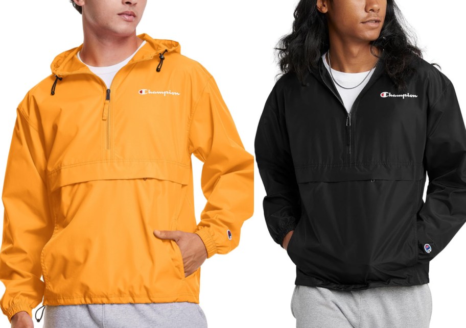 Two men wearing champion jackets in orange and black