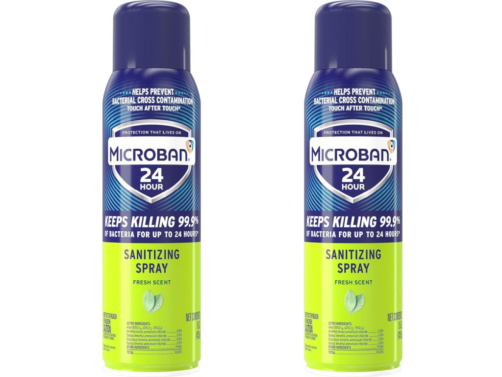 Two stock images of Microban 24 Hour Disinfectant Sanitizing Spray 15oz Bottle