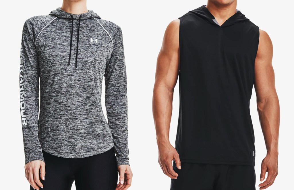 woman and man in under armour hoodies