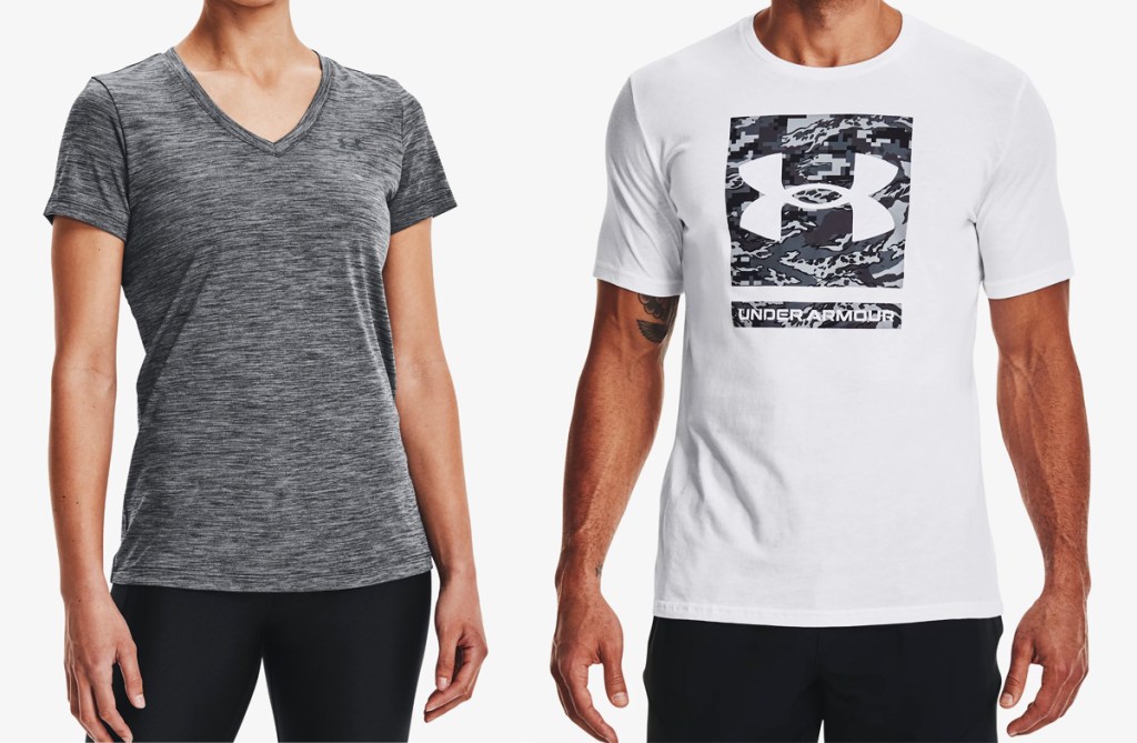 woman and man modeling under armour tops