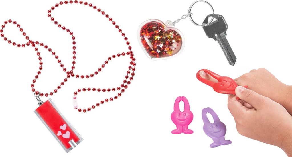 valentine necklace, keychain, and heart toys